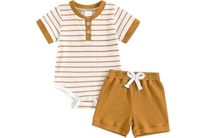 Carolilly Ensemble Bébé Garçon Eté de 2 Pièces, Body à Rayure Manches Courtes + Shorts Taille Elastique (0-18 mois)