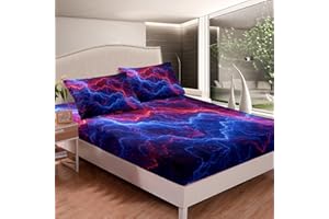 HOMEMISSING Galaxy Bed Sheet Set Outer Lightning Blue Red Fitted Sheet & Pillow Sham Set for Kids Boys Girls So Cool Universe Summer Storm Bringing Thunder 2Pcs Single Size,No Flat Sheet