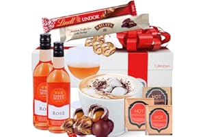 TJMOLTEN Alcohol Gift Set - Wine and Chocolate Hamper with Two Rose Wine, Lindor Bar, Baileys Original Truffles, Flavoured Hot Chocolate & Mug - Gifts for her him, womens gifts Birthday Presents Fathers Day