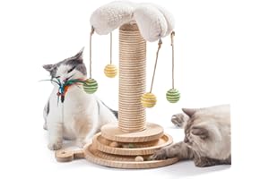 MEWOOFUN 4 w 1 Zabawka dla Kotów, Lina Sizalowa z 4 Wiszącymi Piłkami - Interaktywna Zabawka, Drewniana Piłka z Piórem (Styl 2)