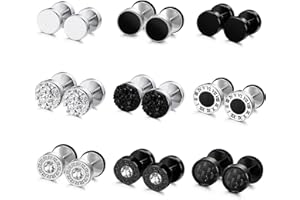 Uwiyo 9 Paar Ohrringe Männer, Edelstahl Ohrringe Herren 8mm Fake Plugs Ohrring Silber Schwarz Ohrstecker Ohr Piercing Ohrschmuck für Herren Jungen
