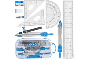 ZAWTR Geometry Set, 10pcs Maths Set - Drawing Compass and Protractor Set with Pencil/Sharpener/Eraser/Rulers for School, Metal Compass Set Maths Kit Exam Pencil Case Stationery Set for Girls & Boys- Blue