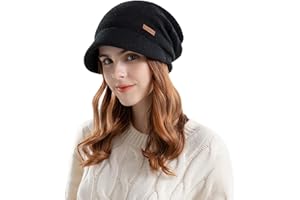 ACTLATI Women Winter Knitted Beanie Hat Stretchy Slouchy Cap with Visor Warm Fleece Lined Skull Cap for Cold Weather