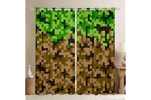 MANFEI Miners Style Square Grid Window Curtain,Brown Green Army Camo Curtains for Kids Boys Teens Men Room Decor,Cartoon Gamepad Modern Window Treatment Curtain Pixelated Games Window Drapes,46Wx72L