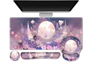 TOLULU Large Desk Mat, Gaming Mouse Pad, Desk Pad Protector, XXL Mousepad + Keyboard Wrist Rest+Mouse Wrist Rest+Coaster Set with Ergonomic Desk Pad for Home Office PC Computer, Pastel Purple Flower Moon