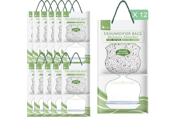 Sachet Anti Humidité Suspendu,Absorbeur Humidité 12×95g,Absorbeur d'humidité,Anti moisissure Compatibilité Universelle,Desumificateur d humidité pour La Cuisine/Salle de Bain/Armoire/Voiture(Vert)