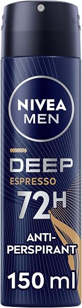 NIVEA MEN Deep Espresso Spray 150ml, with Black Carbon, 72H Sweat & Odor Protection, Energizing Espresso Scent