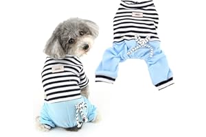 Ranphy Gestreifter Jumpsuit für kleine Hunde mit Hose, Bequeme Baumwolle Haustierkleidung Katzen Bekleidung Schlafanzug PJS Shirt Jungen Jammies Hündchen Pullover Blau S