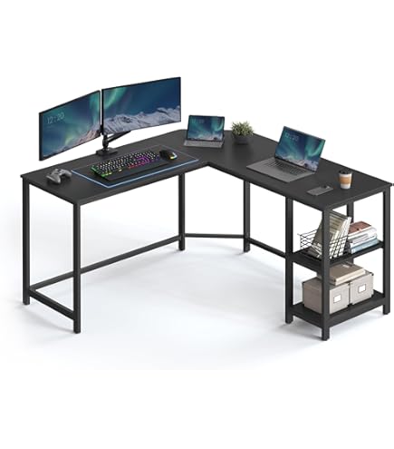 VASAGLE Bureau d'Ordinateur, Table avec Rangement, 3 Étagères, 2