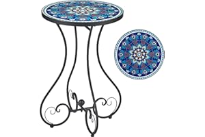 VONLUCE Round Side Table, Indoor and Outdoor Plant Stand, Small Coffee Table with 36cm Ceramic Tile Top for Patio Balcony, 53cm Tall Mosaic Garden Table, Living Room End Table or Bedside Table, Blue