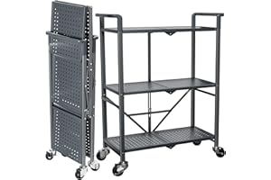 SAYZH Scaffale Metallo, Carrello Cucina Pieghevole a 3 Livelli con Ruote, Scaffali in Metallo applica a Soggiorno, Cucina, Balcone, Garage, Camera da Letto, 33,5 cm D x 69 cm L x 93,2 cm H(Grigio)