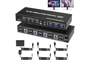 RYTAKI PRO Switch KVM USB 3.0 2 Monitores 4 PC Displayport 4K 60Hz, Dual Monitor Displayport Switch KVM 4 Puertos con Salida de Micrófono de Audio y 3 Puertos USB 3.0, Switch de Monitor DP para 4 PC 2 Monitores