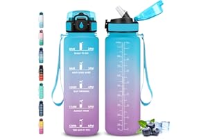 Grsta Borraccia 1 litro, Borraccia con Cannuccia, Senza Perdite, Borraccie Motivazionale, Facile da Pulire, Borracce con Orari per Bere, Bottiglie Acqua per Fitness, Campeggio, Yoga