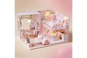 CUTEROOM DIY Miniature Dollhouse Kits with Furniture, DIY Wooden Dollhouse Kit with Music Movement and LED Lights (Quiet Life)