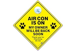 IWANTTHATSIGN.COM Dog A/C Sign, Air Con is On My Owner Will Be Back Soon Thank You For Checking On Me Car Sign, Pet On Board Sign, Dog On Board Sign With Suction Cup 14 cm x 14cm x 2cm