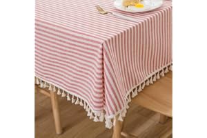 Plenmor Christmas Table Cloth Cotton Blend Christmas Tablecloth Stripe Tassel Rectangle Xmas Tablecloth Dust-Proof Table Cover for Kitchen Dinning Tabletop Decoration (140cm x 220cm, Red)