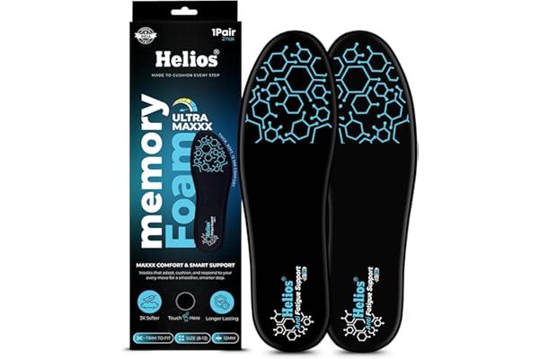 Helios Memory Foam Ultra Max Insoles for Men Trim to Fit Size 8-13 Insole for shoes Orthotic Shoe Inserts for Cushioning, Arch Support Insole & All-Day Comfort (Black, Pack1/8 to 13)
