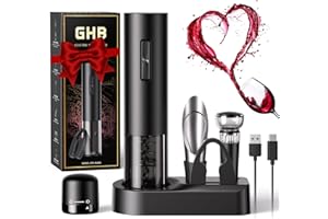 GHB Korkenzieher elektrisch 8 in 1 wiederaufladbarer elektrischer Flaschenöffner mit Basis USB-Ladekabel Folienschneider Weinausgießer und Vakuumverschluss Geschenkidee für Weinliebhaber