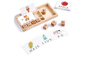 Zakota svenskt ordstavning spel för barn 3–6 år, 8 träklossar och 30 dubbelsidiga bildkort med 60 svenska ord, pedagogiskt ordspel