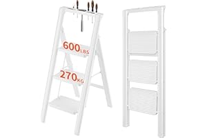 JOISCOPE Escabeau 3 Marches avec Plateforme de Travail, Échelle Pied Pliable avec Poignée, Pédales Épaissies et Élargies, Adapté à Diverses Scènes, comme La Cuisine et Le Jardin, Blanc