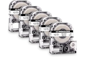 5 x Labelwell 12 mm kompatybilna taśma do zapisywania Epson LC-4WBN9 SS12 KW czarna na białym tle kompatybilna z Epson LabelWorks LW-300 LW-300L LW-C410 LW-400 LW-600P LW-500 LW-900P LW-700 LW-100 OK2 00