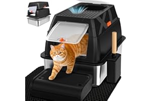 SZEETECH Katzenklo Edelstahl XL, Groß Edelstahl Katzentoilette mit Deckel, Stainless Steel Cat Litter Box, Geschlossen Katzen Klo, Zwei Ausgänge, Schaufel+Matte+Trettstufe- 60x 40x 39,5cm(Schwarz)