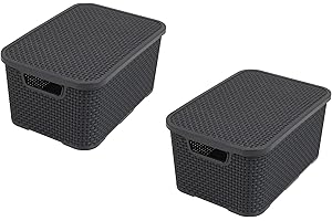 BranQ - Home essential Lot de 3 paniers en rotin Design Taille M 10 l, Plastique PP, Anthracite, 28,8 x 19,7 x 16,2 cm (L x l x H)