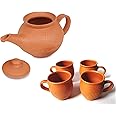 KSI Handcrafted Mitti Clay Tea Kettle with Lid and Tea Cup Coffee Cup Set Handmade Earthen Clay Kulhad Kullar Chai ke Cup Pack of 4, Kettle 750 ml, Cups 115 ml Each