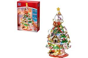 PANTASY Weihnachtsbaum Bausteine Set, Großes Festliches Modell mit Integrierten LED-Lichtern, Kristallkugel-Spitze, Vintage Zug, Schneemann, Lebkuchenhaus & Mini-Ornamente