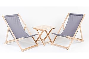 Merino Wool 2X Tumbonas + Mesa Tumbonas de Madera, Plegables, con Funda de Tela Intercambiable Hecha de Madera de Haya Tumbona de Exteriores Plegado Sillas Jardín (Gray)