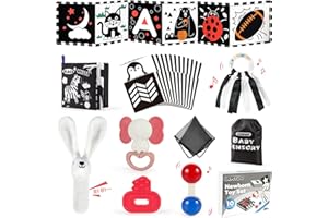 URMYWO 10pcs Newborn Toys Set, Baby Toys 0-6 Months, Plush Rabbit, Rattle Toys,Sensory Cards,Teething,Book,Baby Essentials for Newborn 0-6-12 Months Baby Gifts (Black and White with card)