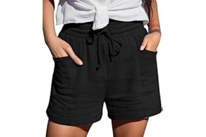 pvucpot Shorts Femme Printemps D'été Couleur Unie Taille Haute Plissé Shorts Casual Elastique Shorts Coton et Lin Pantalon De Plage Short Sport Femme