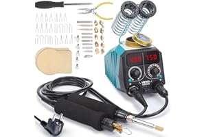 YIHUA 939D-VII brandmalerei-Werkzeug Holzbrennstift-Set Station 2-in-1 Solid-Point 200-480°C (mit Temperaturanzeige)/Drahtspitze 250-750°C mit 23 Spitzen, 25 Solid Points, 4 Holzstücken