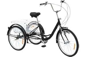 Akuoyiexemye 24 pollici triciclo per adulti Cruise Bike in acciaio ad alto tenore di carbonio con luce e cestino della spesa, 3 ruote bici da città, 6 marce, capacità di carico 120 kg per città