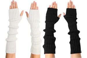 TELAIN 2 Pairs of Women's Arm Warmers, Long Fingerless Gloves, Fashionable Stretchy Knitted Arm Warmers for Women, Thumb Hole Stretch Gloves, Comfortable Arm Warmers for Autumn and Winter,