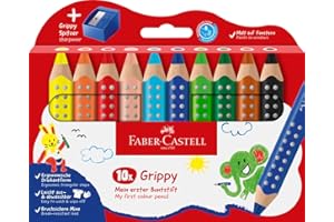 FABER-CASTELL 110636 Grippy zestaw 10 kredek Jumbo dla małych dzieci, łatwe do zmywania kredki dla dzieci, ergonomiczny trójkątny kształt, grube kredki, wkład o grubości 10 mm, temperówka w zestawie