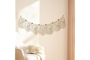 Anevios Tapiz de Macrame para Pared con 2 Ganchos para Colgar Sin Taladrar Blanco Hecho a Mano Colgante de Pared Tapiz Tejido Bohemio de Flecos para Regalos de Decoración Salón | 110×25cm