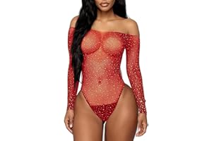 JFAN Lencería para Mujer Encaje Mallas Bodysuit de Diamantes Brillante Bodis de Mujer de Vestir para Fiesta Talla única
