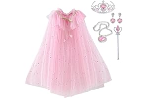 skyllc Principessa mantello bambini, mantello di tulle glitter per ragazze, principessa mantello di paillettes con orecchini collana corona bacchetta magica