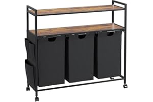 KIMENICH Corbeille à Linge 3 Compartiments, Panier à Linge Sale avec 2 Étagères de Rangement, Sac Latéral, Crochets, Bac à Linge à Roulettes Amovibles, Sacs à Linge Poignées avec Glissières, 3x46 L, Noir
