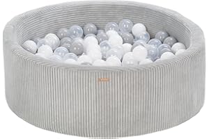 VELINDA Piscine à balles ronde en velours côtelé avec 200 balles 90 cm (Couleur de la piscine/de balles: gris/blanc, transparent, gris)