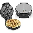 Dihl Electric Waffle Maker with Non Stick Plates, Single Round Belgium & American Style Waffle Iron, 1000W Temperature Control, Silver and Black