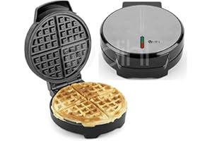 Dihl Electric Waffle Maker with Non Stick Plates, Single Round Belgium & American Style Waffle Iron, 1000W Temperature Control, Silver and Black