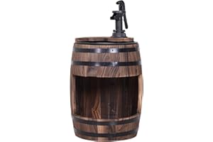 Outsunny Water Fountain Electric Pump Wood Barrel Patio Garden Decorative Ornament with Flower Planter Decor Carbonised Finish