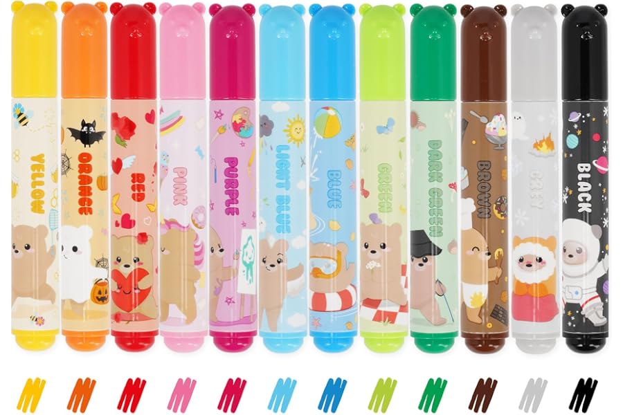 Legami - Juego de 12 rotuladores - Teddy Friends, 12 colores surtidos, lavables y no tóxicos, punta antirretorno, trazos fino