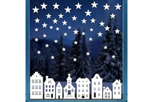 BETESSIN Fensterbilder Weihnachten Selbstklebend - 6 Bögen PVC Fensteraufkleber mit Häuser und Sternen Motiven - Weihnachtsdeko Fenster - Fensterdeko für Winter, Weihnachten, Neujahr uvm.