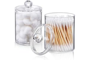 MEETOZ 2 Pack Qtip Holder Dispenser for Cotton Ball, Cotton Swab, Cotton Round Pads, Floss - Clear Plastic Apothecary Jar Set for Bathroom Canister Storage Vanity Makeup Organizer (2 Pack)