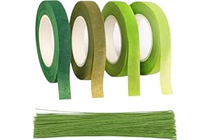 LOMIMOS 130 Pièces Tiges Fleurs Artificielles avec 4 Ruban Adhesif Floral Vert, Fleurs Artisanales Bricolage Emballage pour Travaux Manuels Fleurs Artificielles Couronne, Bouquet (Vert)