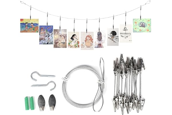 Qaestuan Fotoband för upphängning, 12 stycken krokodilklämmor, stålkabel foto rep 1,6 m x 2 mm, med skruvar och krokar, justerbara nyckelband i rostfritt stål, för upphängning av fotokort