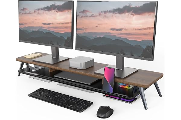 Fenge Support Ecran PC, Avec Encoche Intégrée pour Smartphone, Tablette et Stylo, Rehausseur Écran Bureau en Bois et Métal, pour PC, Ordinateur Portable, TV, Maison, Bureau (Marron, 108cm)
